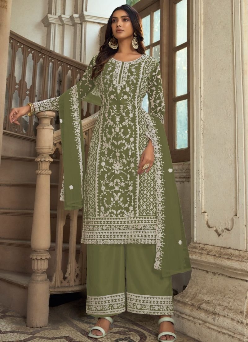 Beautiful heavy embroidered butterfly net kurta palazzo suit in olive green