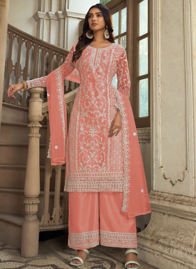 Beautiful heavy embroidered butterfly net kurta palazzo suit in peach pink