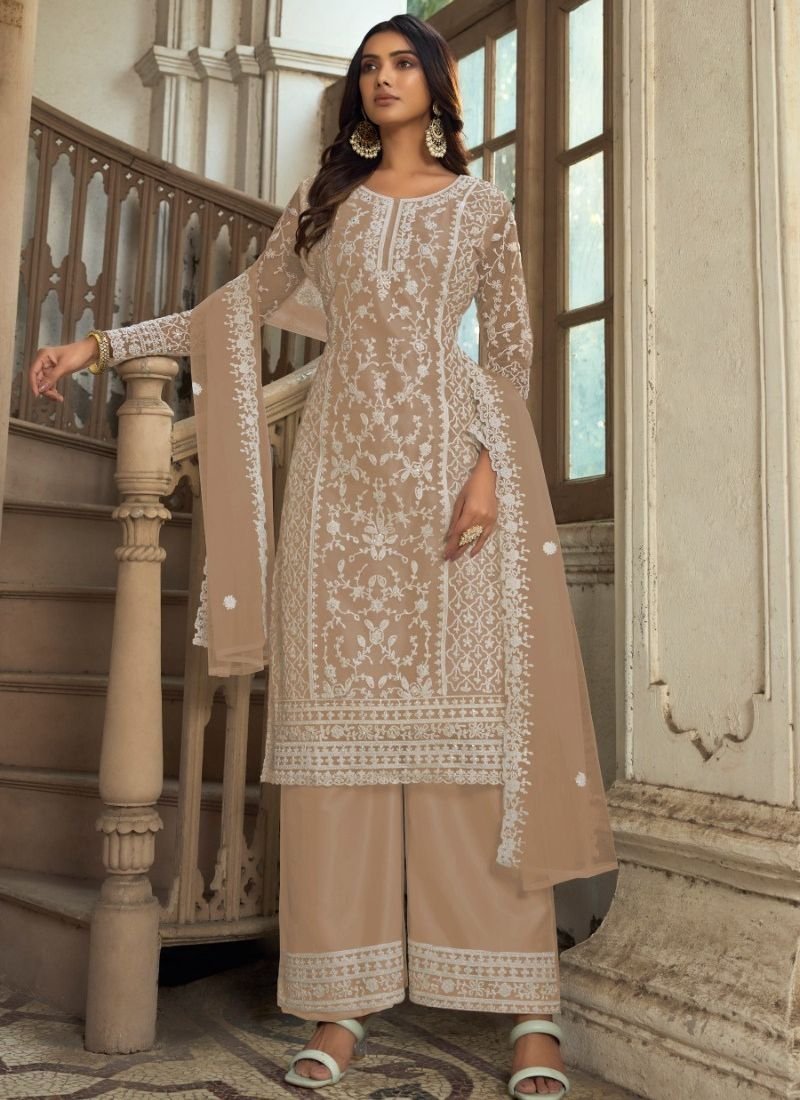 Beautiful heavy embroidered butterfly net kurta palazzo suit in beige