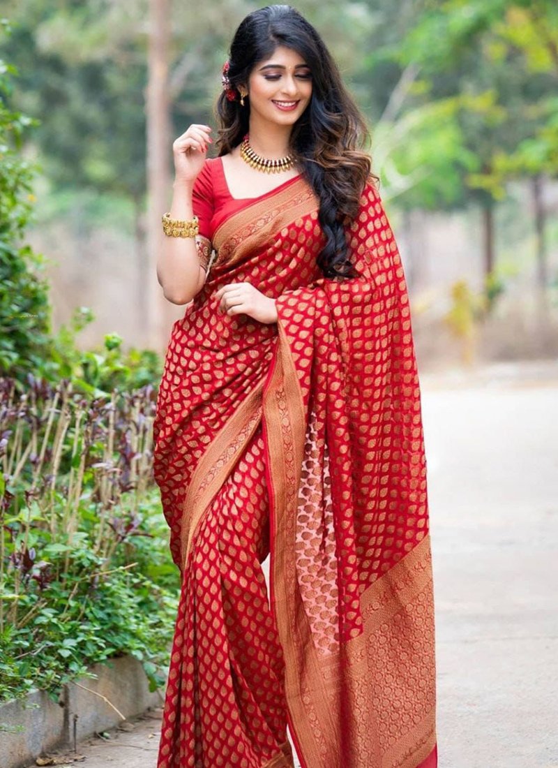 Stylish jacquard embroidered soft silk saree in red