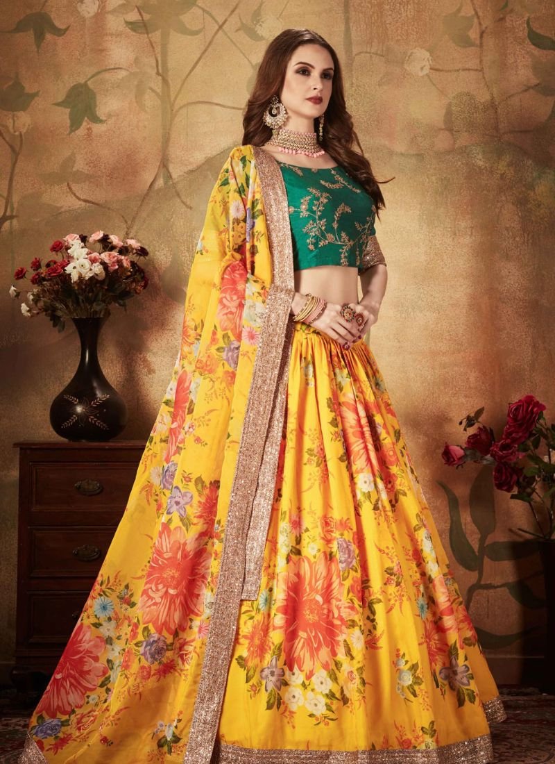 Designer floral printed organza lehenga choli in yellow