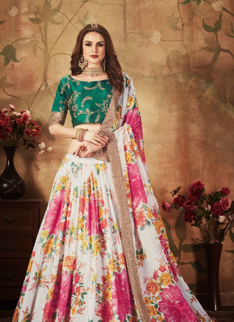 Designer floral printed organza lehenga choli in white