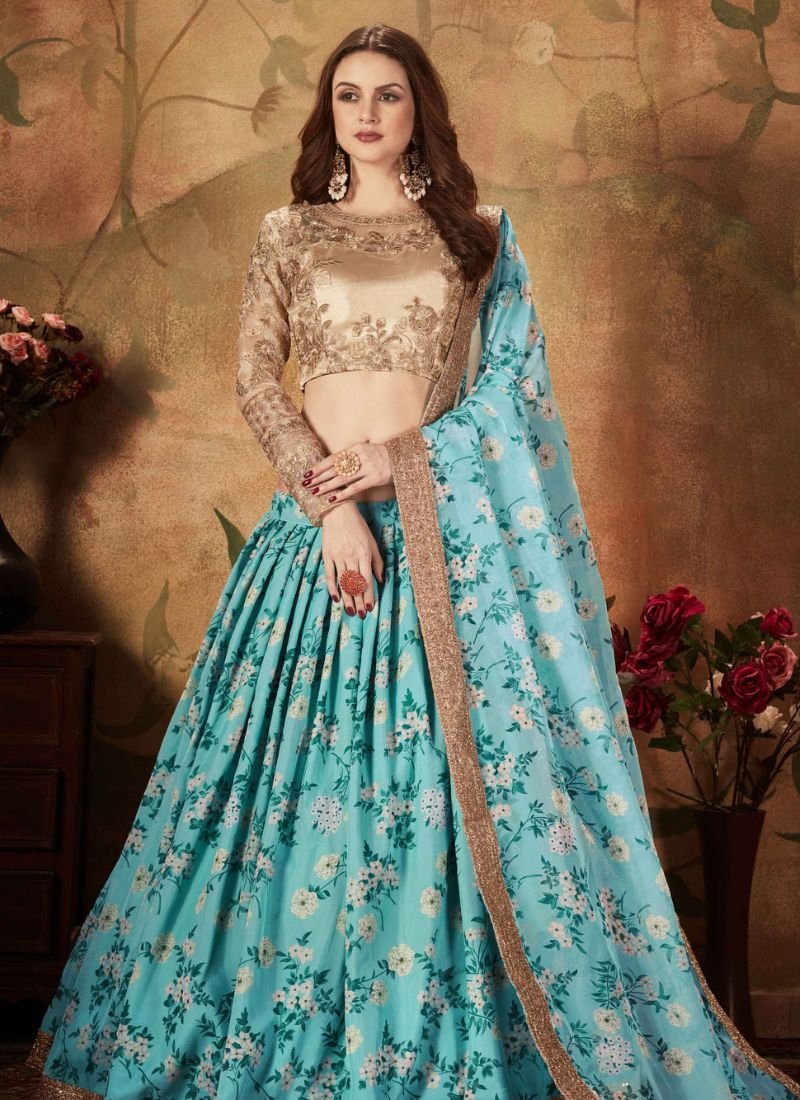 Designer floral printed organza lehenga choli in blue