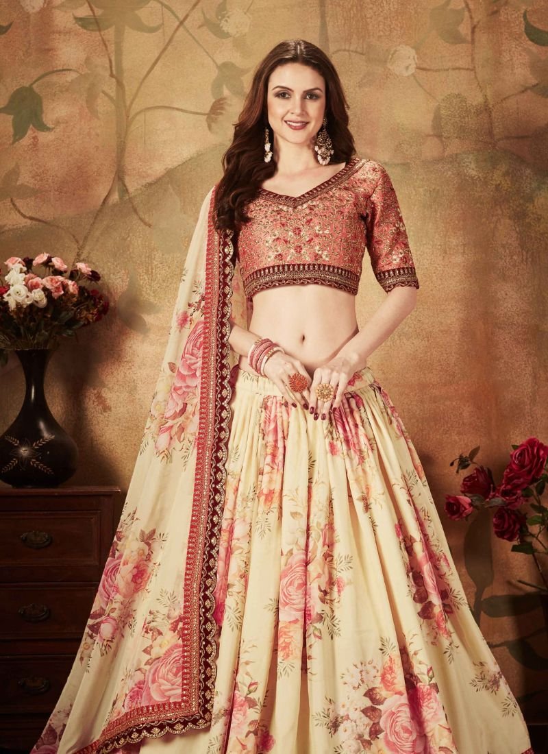 Designer floral printed organza lehenga choli in cream