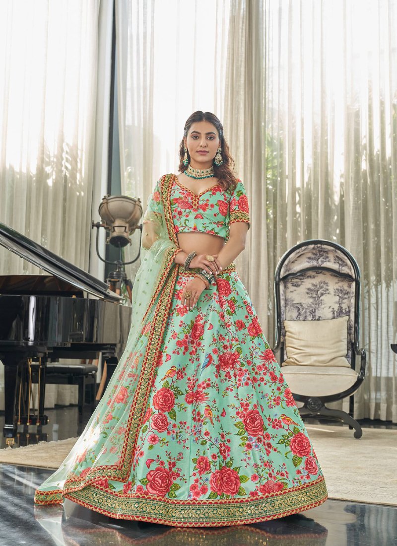 Stylish digital printed chinon lehenga choli in green