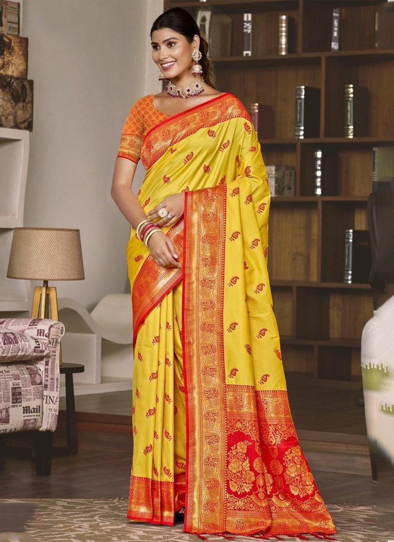 Exquisite woven pattern Chaitanya silk saree in yellow