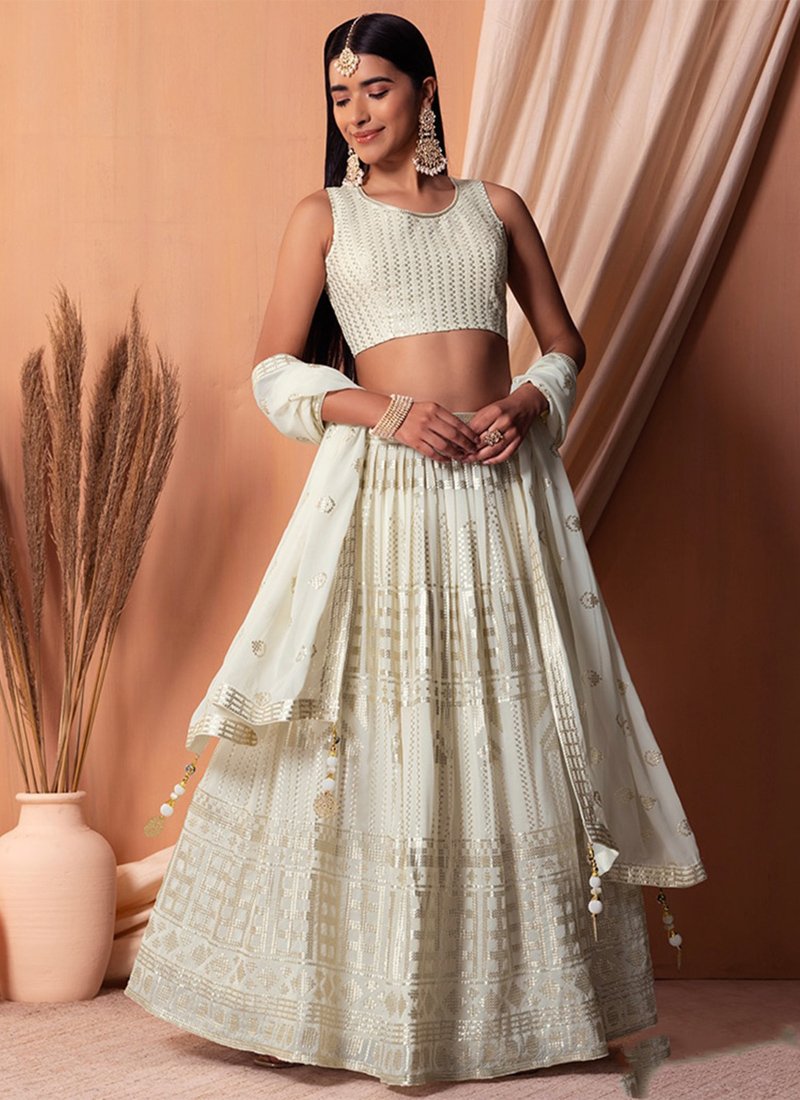 Beautiful thread embroidered georgette lehenga in cream