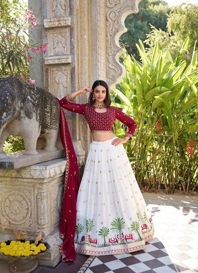 Designer thread embroidered georgette lehenga in white