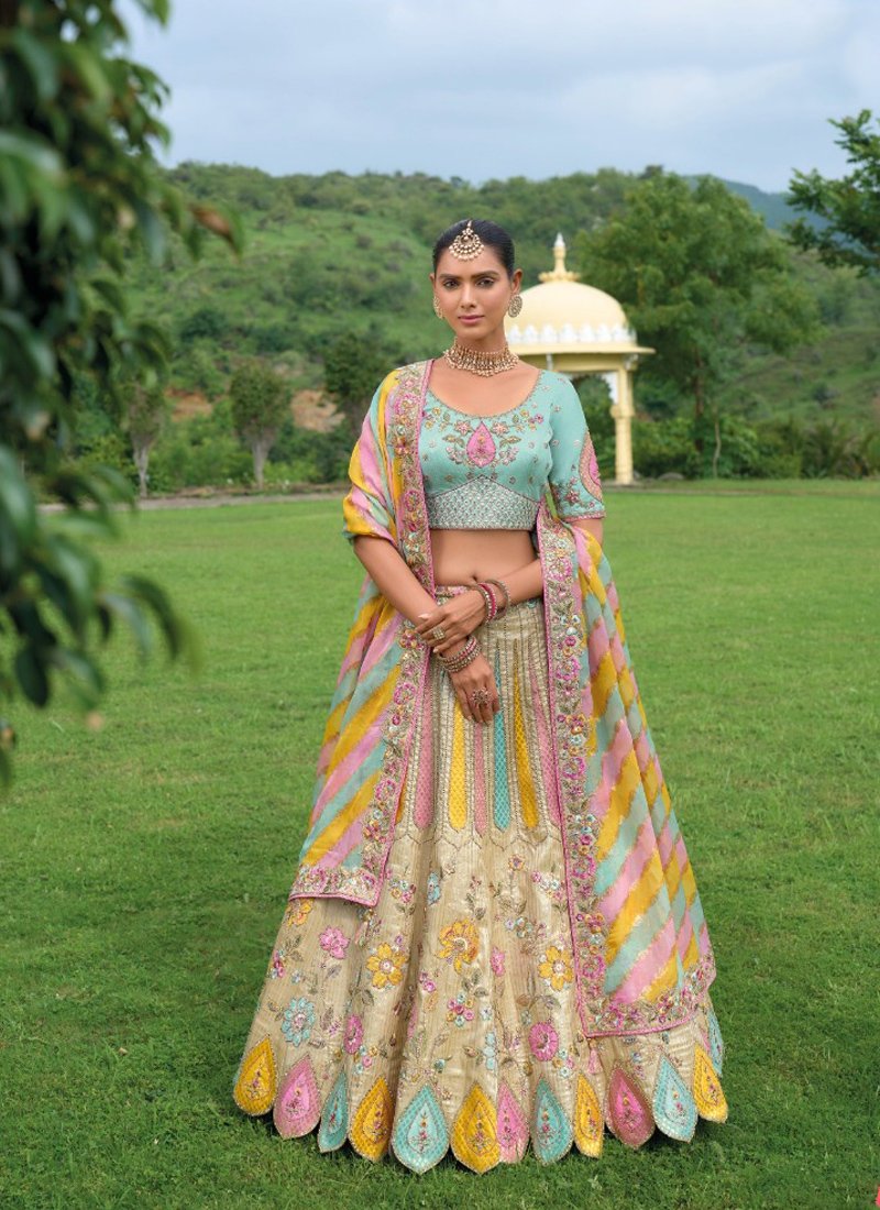 Beautiful printed embroidered silk lehenga in cream