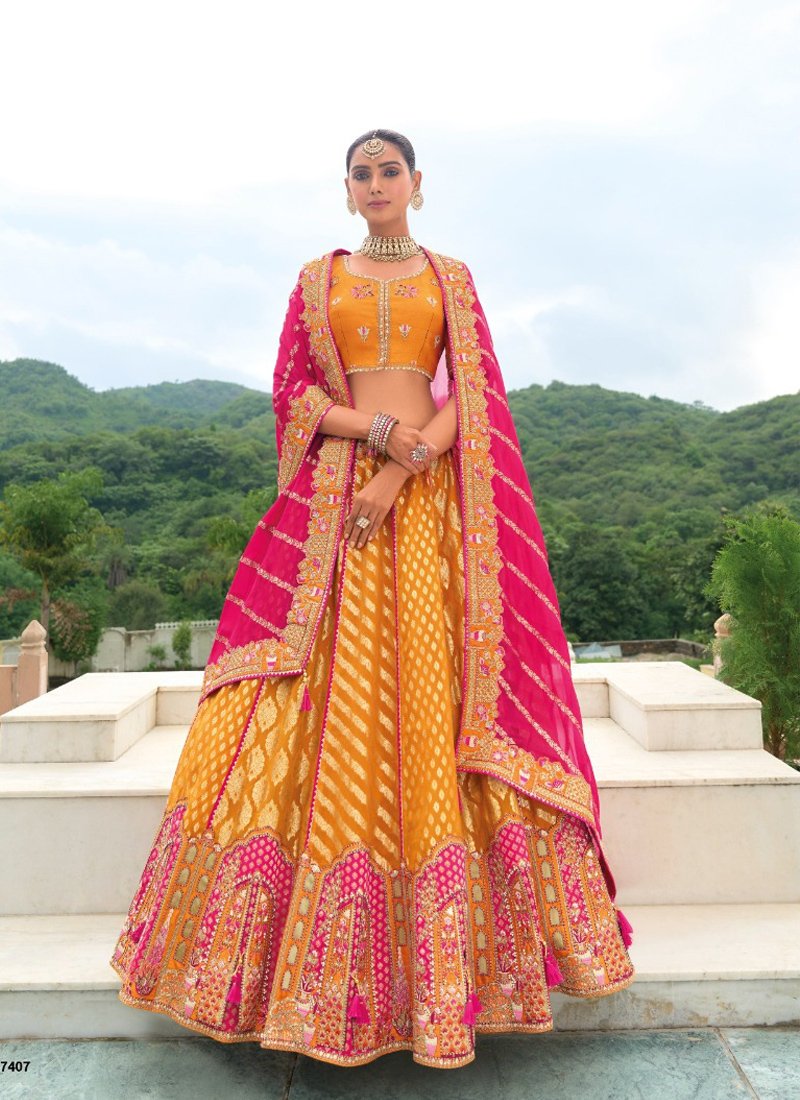 Beautiful printed embroidered silk lehenga in pink