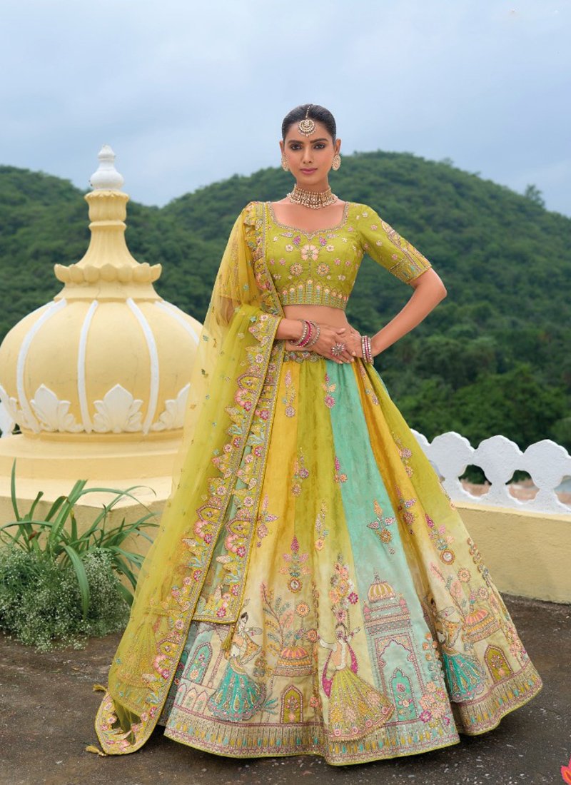 Beautiful printed embroidered silk lehenga in green