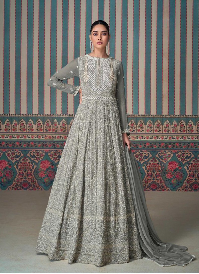 Beautifully embroidered real georgette gown in grey