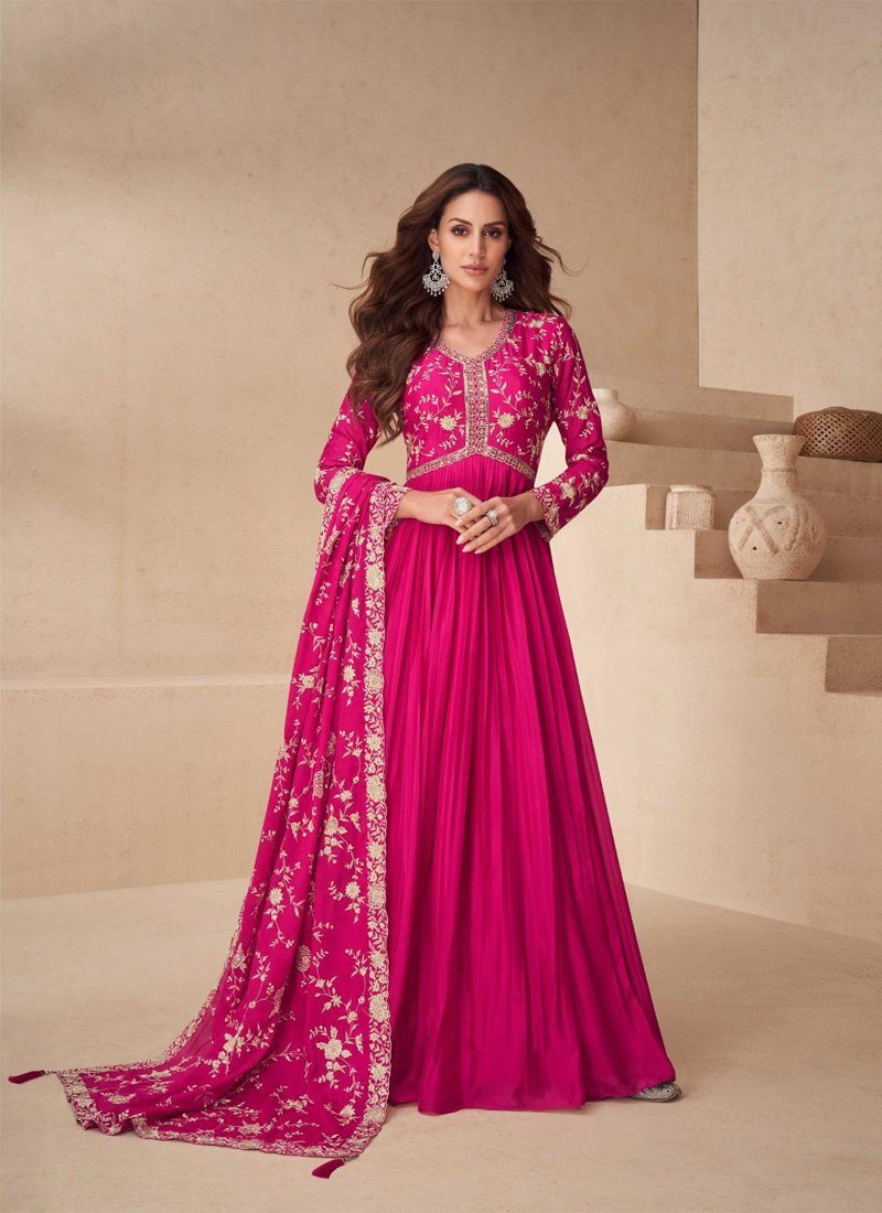 Beautifully embroidered anarkali style gown with dupatta in pink