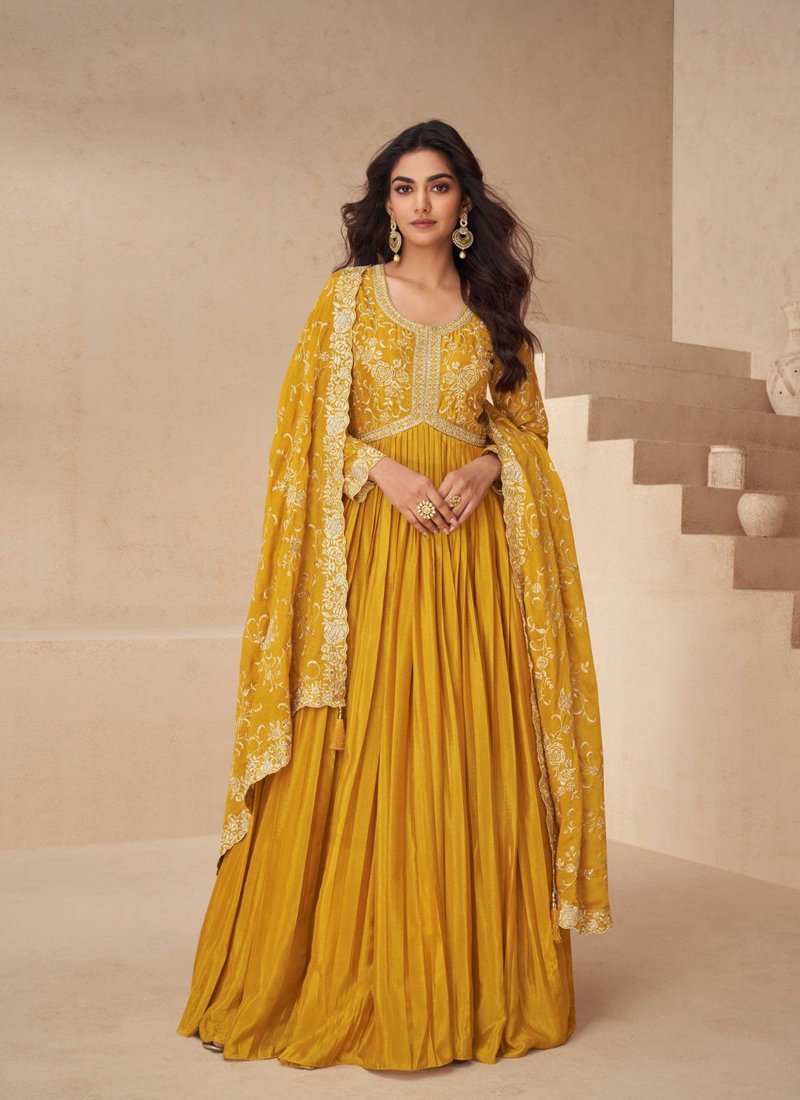 Beautifully embroidered anarkali style gown with dupatta in yellow