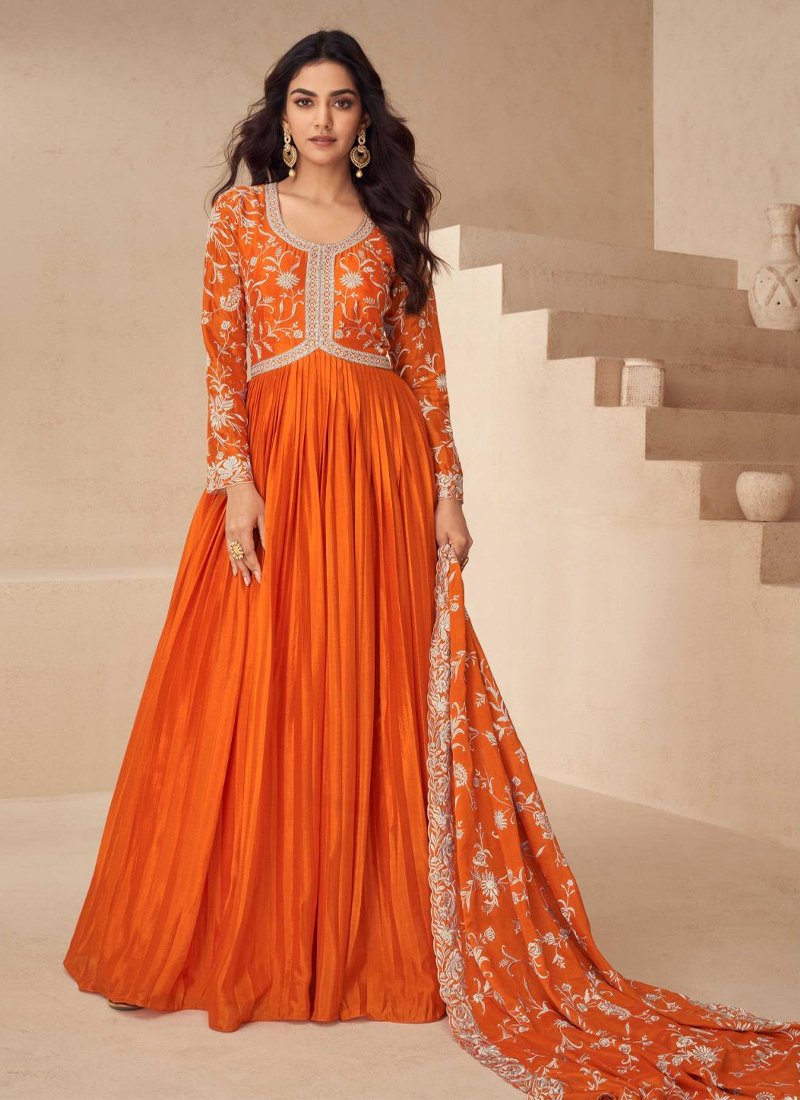 Beautifully embroidered anarkali style gown with dupatta in orange