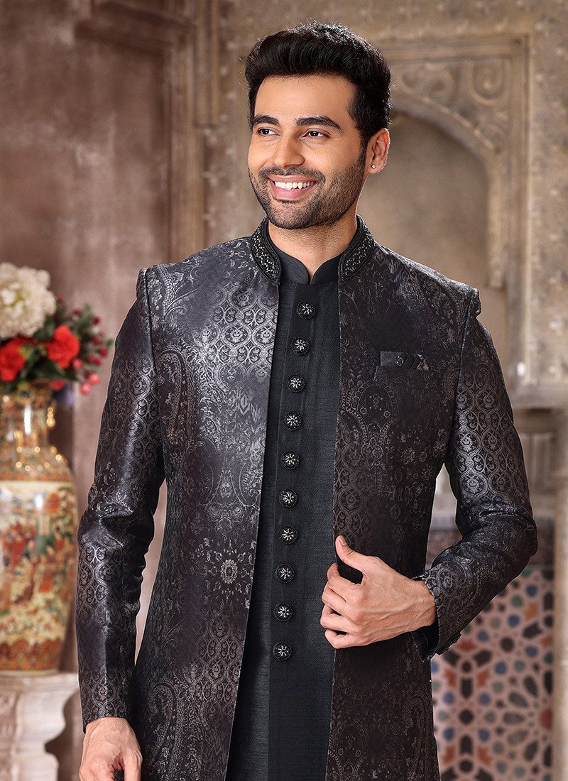 Jacquard Silk Indo Western Sherwani In Black