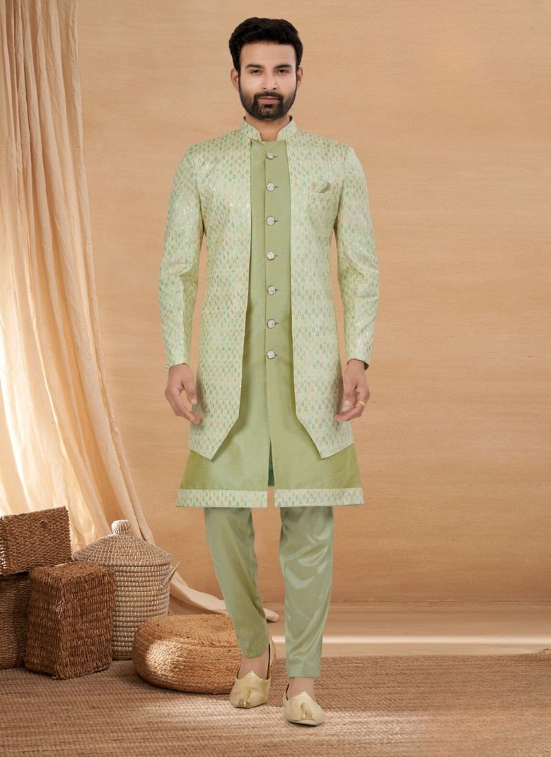 Pure Viscos and Jacquard Indo western Sherwani in Pista Green