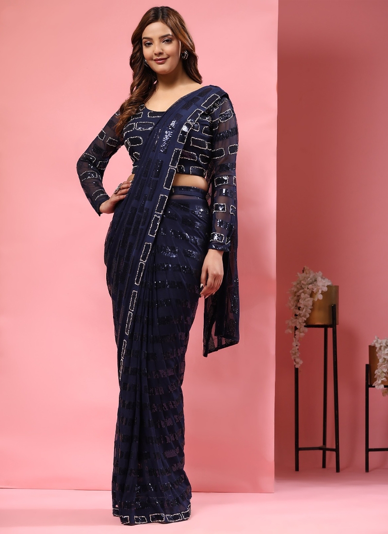 Soft Georgette Peding Fabric Sequence Saree in Blue