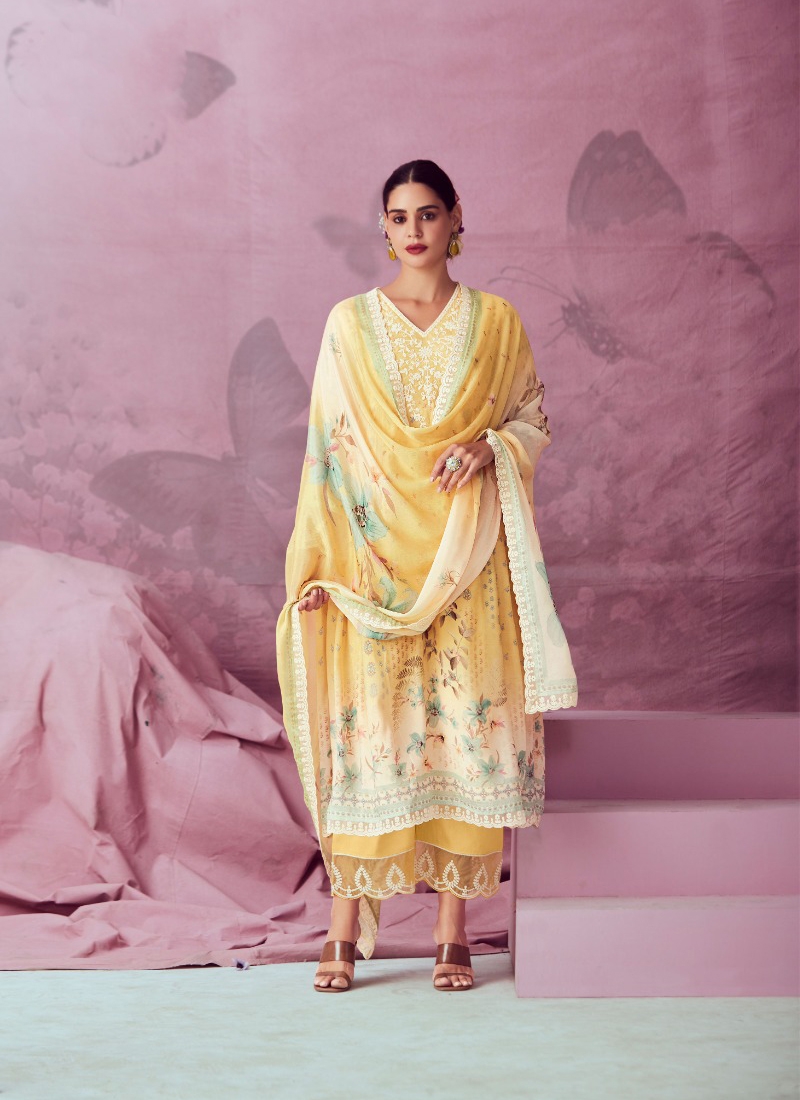 Digital Print Muslin Suit Set in Yellow