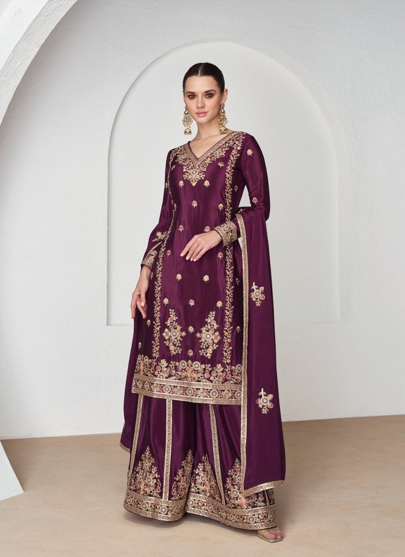 Premium Chinon silk Palazzo suit set in Purple