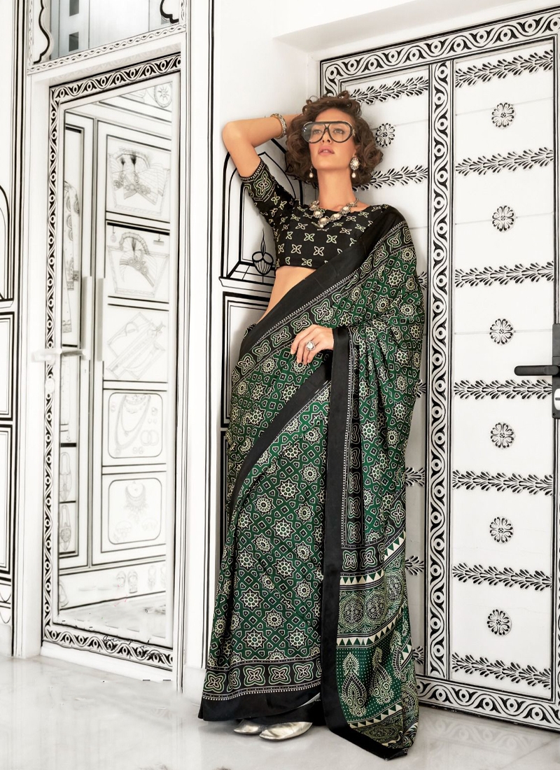 Printed satin crepe saree in Green