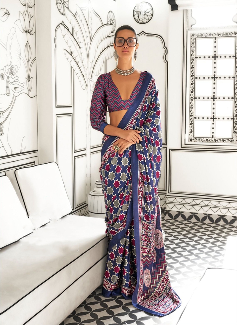 Printed satin crepe saree in Purple