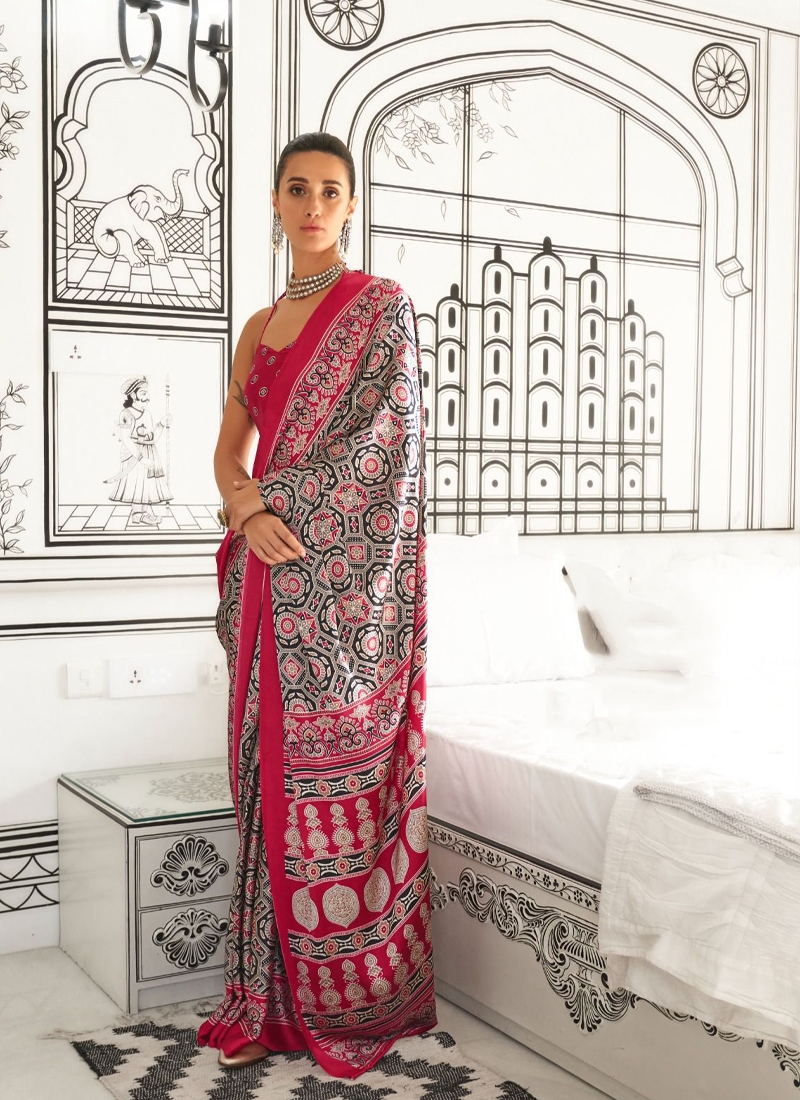 Printed satin crepe saree in Rani Pink