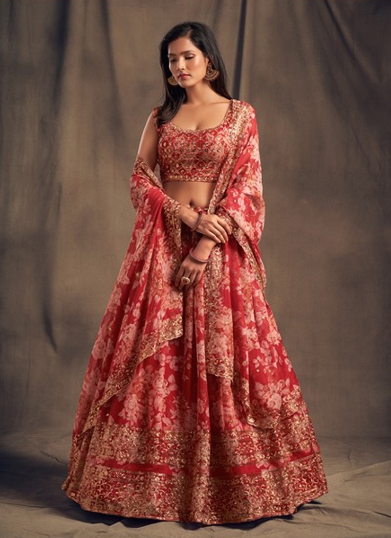 Ethinic Organza Lehenga in Red