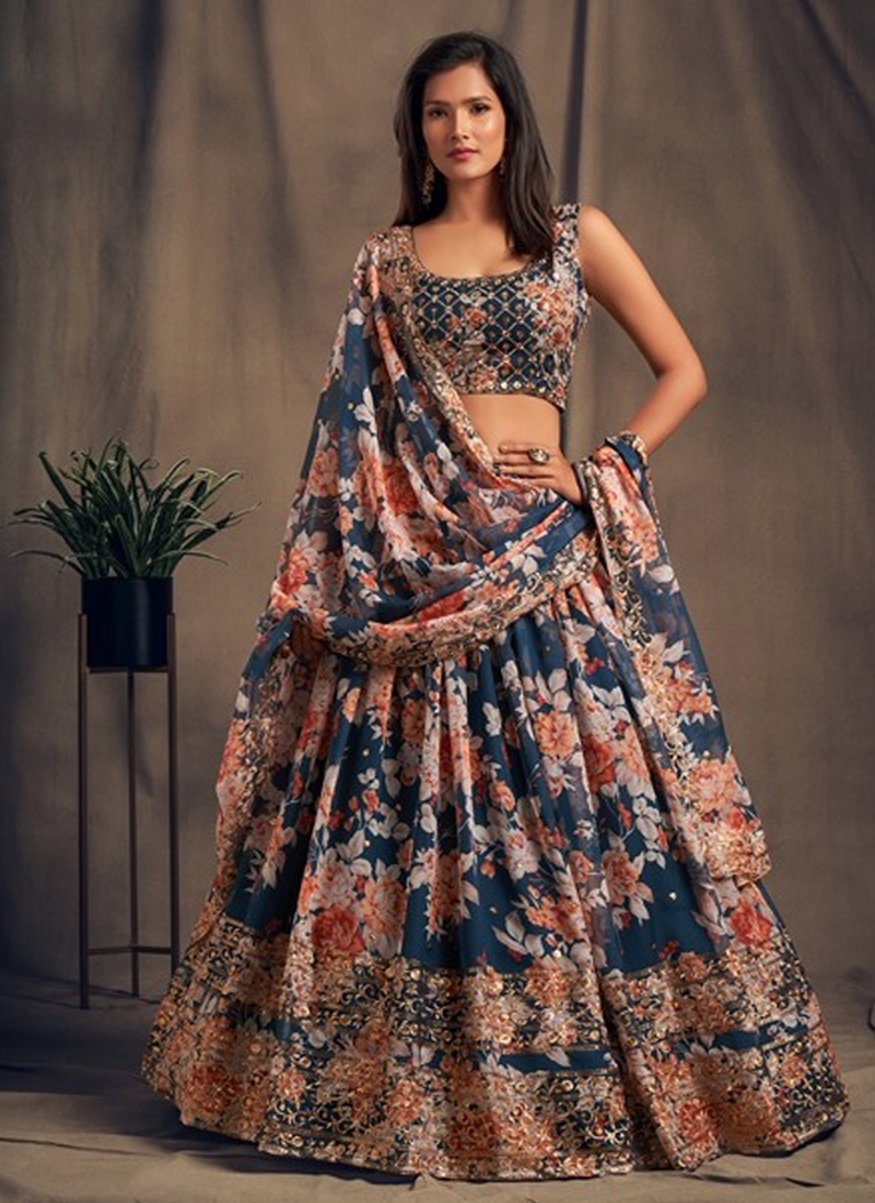 Ethinic Organza Lehenga in Blue