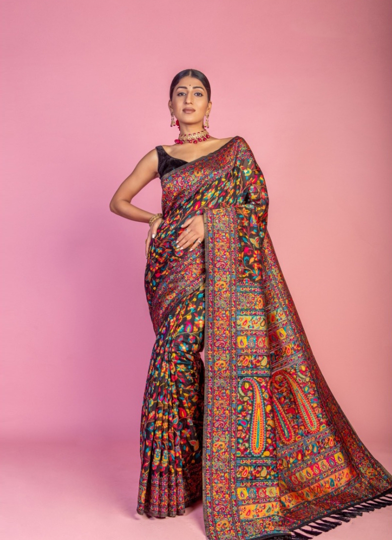 Kashmiri Pashmina Silk Saree in Black