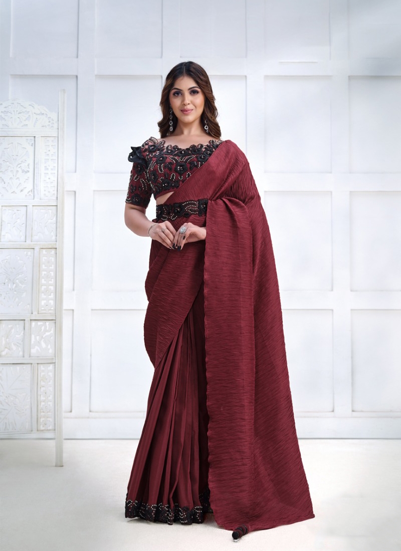 Designer partywear Crepe Silk Georgette Saree in Maroon