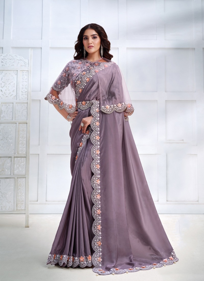 Designer partywear Crepe Satin Silk Saree in Light Purple