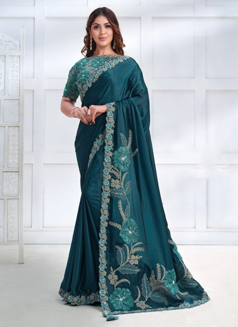 Designer partywear Crepe Satin Silk Saree in Green