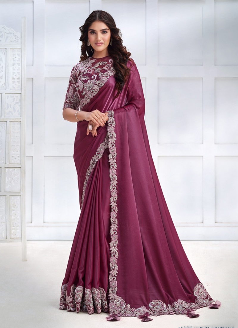 Designer partywear Crepe Satin Silk Saree in Maroon