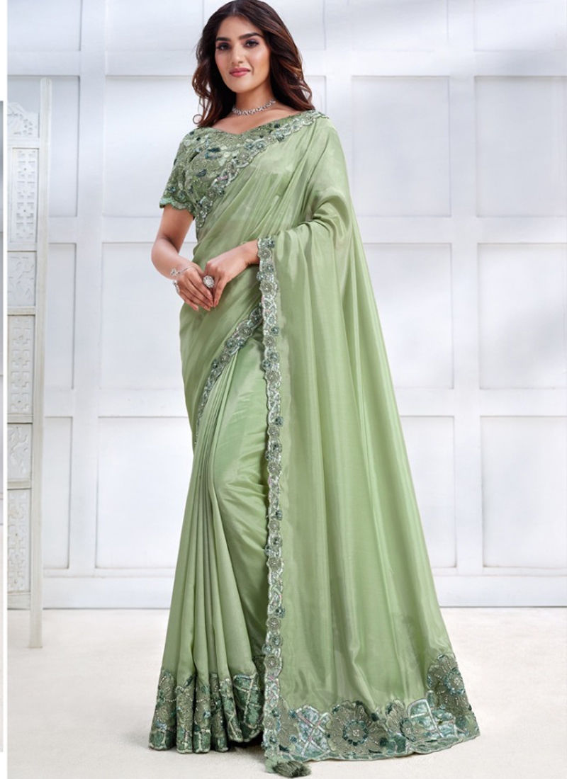 Designer partywear Tusser Silk Saree in sage