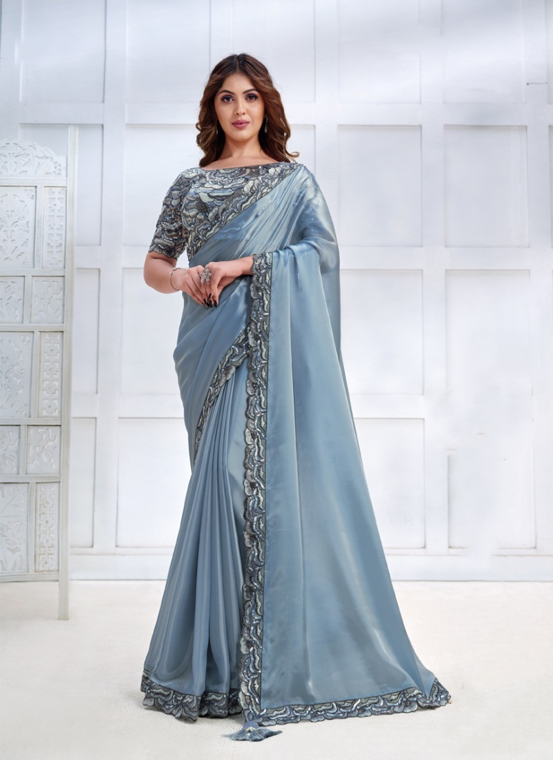 Designer partywear Crepe Satin Silk Saree in Light Blue