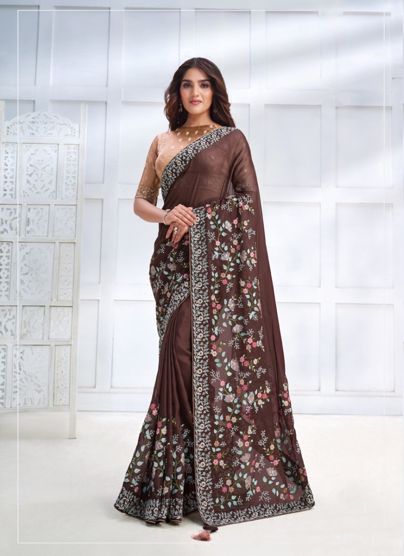 Designer Partywear Georgette Silk Saree in Brown