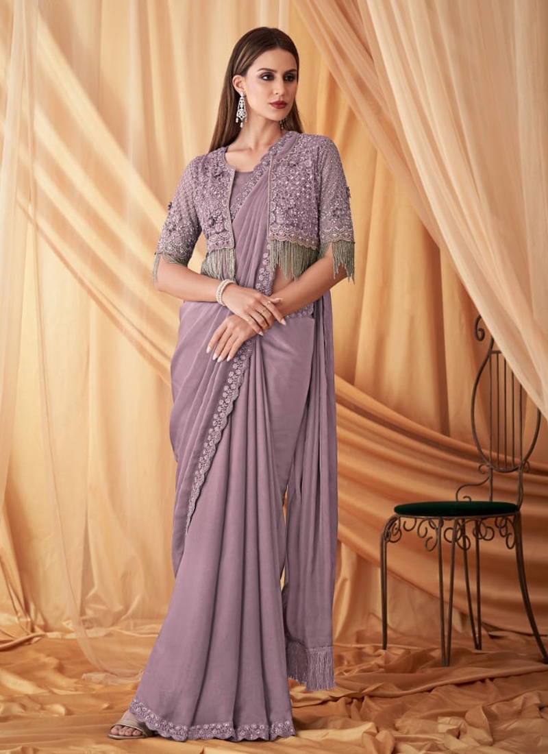 Mirror Embroidered Saree With Shrug in Lavender