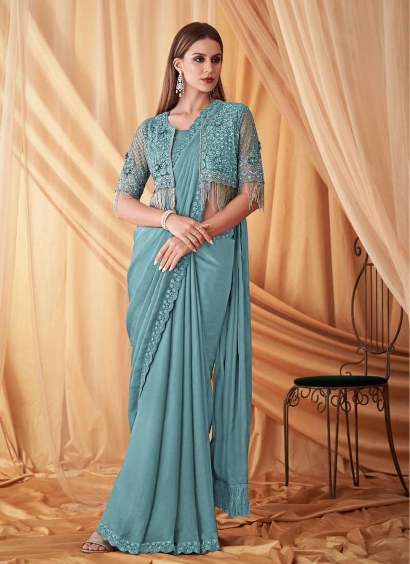 Mirror Embroidered Saree With Shrug in Light Blue