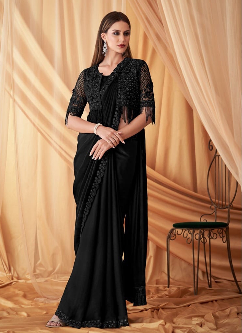 Mirror Embroidered Saree With Shrug in Black