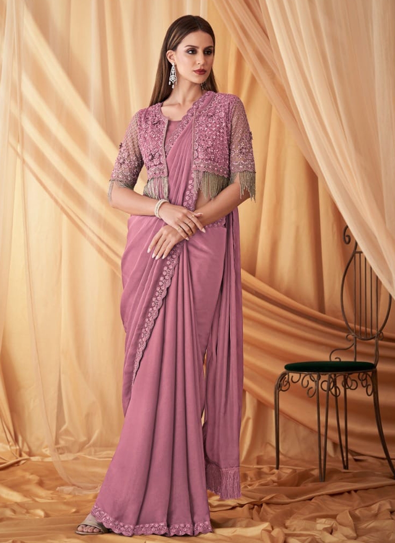 Mirror Embroidered Saree With Shrug in Pink