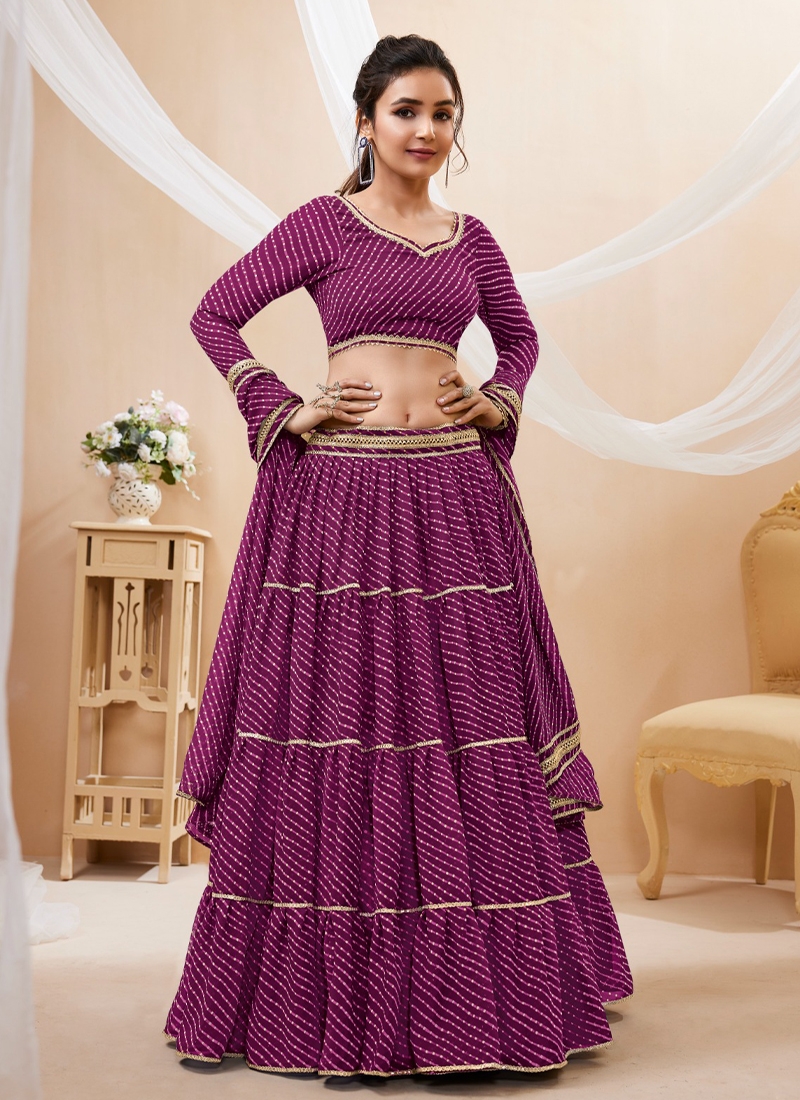 Leheriya Print Pure Georgette Lehenga Choli with Duppatta in Purple