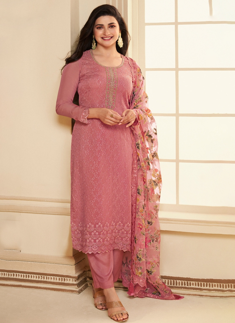 Designer party wear kurta pant set in Greyish in Pink