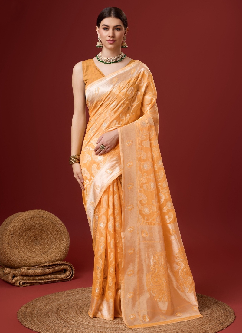 Partywear designer cotton digital saree in Orange