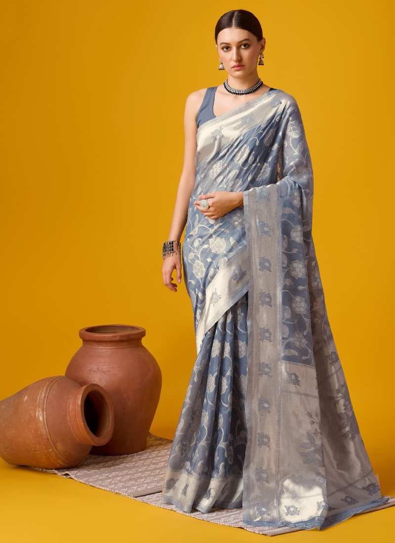 Partywear designer cotton digital saree in Grey