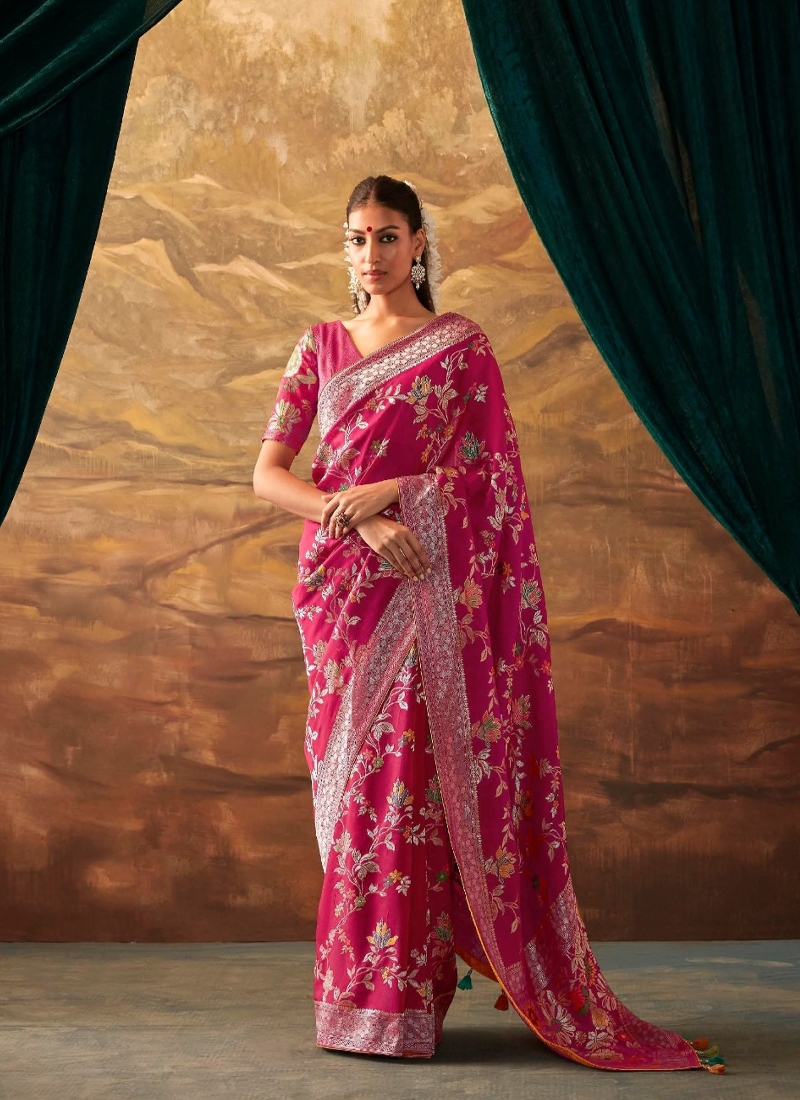 Viscose Banarasi dola silk saree in Dark Pink