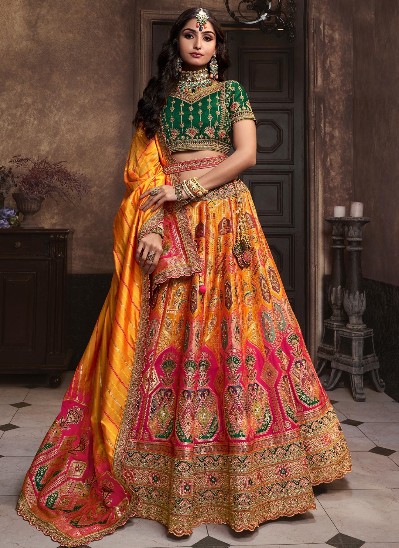 Exquisite silk work Bridal lehenga in green