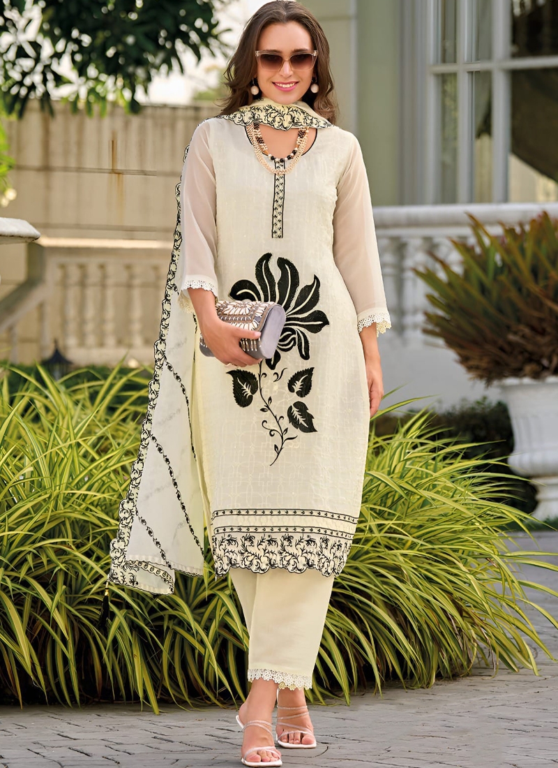 Floral Print Straight Kurta Suit Set in White