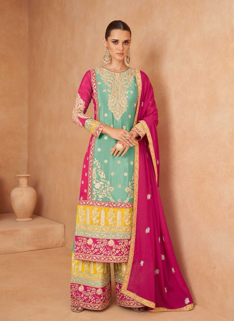 Designer suit plazo set with dupatta in Sky blue