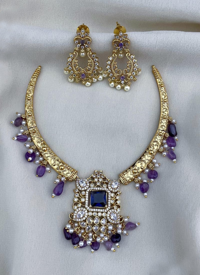 Latest Premium Matte Cz Pendant Necklace Set in Purple